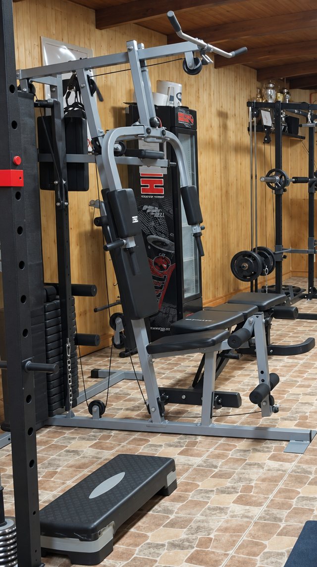 Máquina multifuncional y step en la sala de fuerza